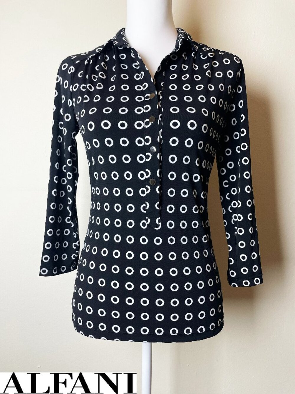 Alfani Black with White Circles Pattern Button-Down Blouse 3/4 Sleeves Size XS